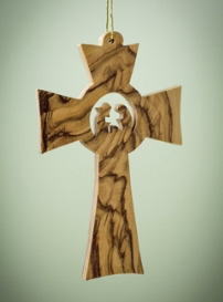 Ornament-Olive Wood-Holy Family In Flared Cross (3.5