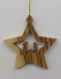 Ornament-Olive Wood-Holy Family In Star (2.5