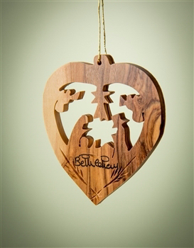 Ornament-Olive Wood-Heart With Nativity (2.5
