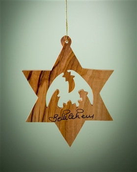 Ornament-Olive Wood-Star Or David Solid With Nativity (3
