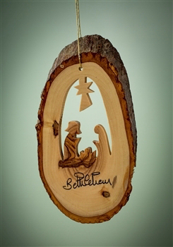 Ornament-Olive Wood-Bark Slice With Nativity (4
